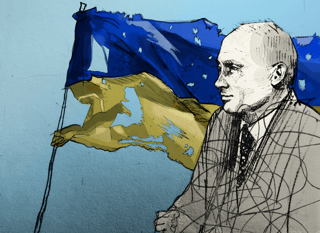 Drawing of Vladimir Putin in profile with a tattered Ukrainian flag behind him